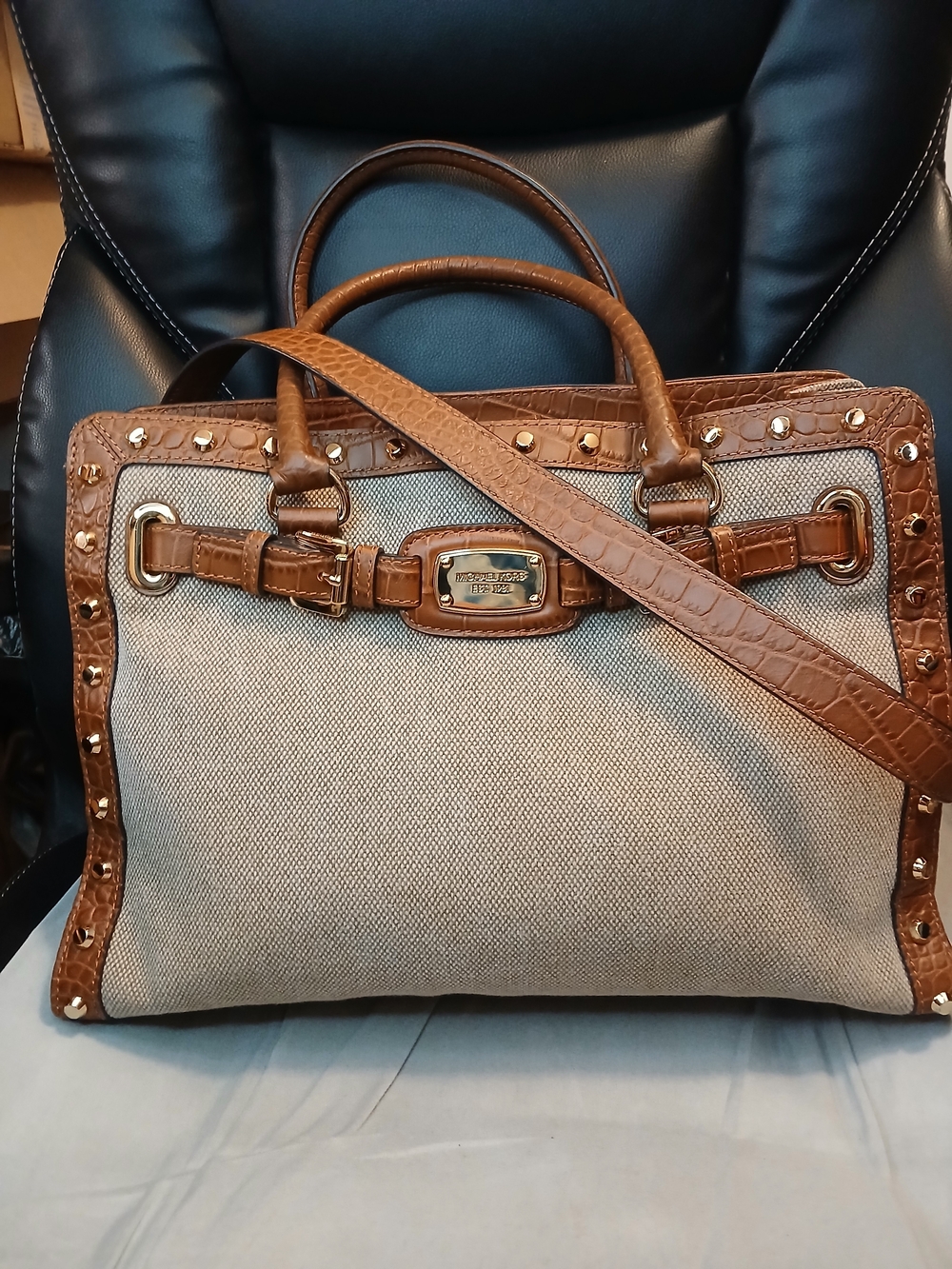 Michael Kors Brown Leather-Trim Canvas Tote Bag